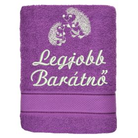 „Legjobb barátnő” felirattal + sünikkel hímzett törölköző, lila – hímzett ajándék törölköző barátnőnek