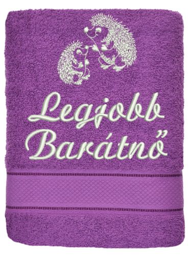 „Legjobb barátnő” felirattal + sünikkel hímzett törölköző, lila – hímzett ajándék törölköző barátnőnek