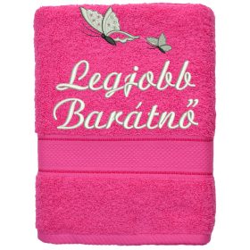 „Legjobb barátnő” felirattal + pillangókkal hímzett törölköző, pink – hímzett ajándék törölköző barátnőnek