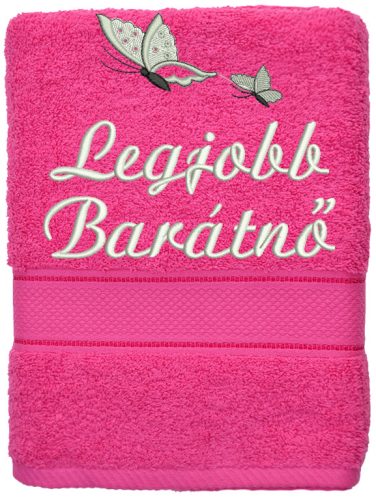 „Legjobb barátnő” felirattal + pillangókkal hímzett törölköző, pink – hímzett ajándék törölköző barátnőnek