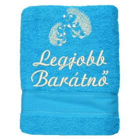 „Legjobb barátnő” felirattal + sünikkel hímzett törölköző, türkizkék – hímzett ajándék törölköző barátnőnek
