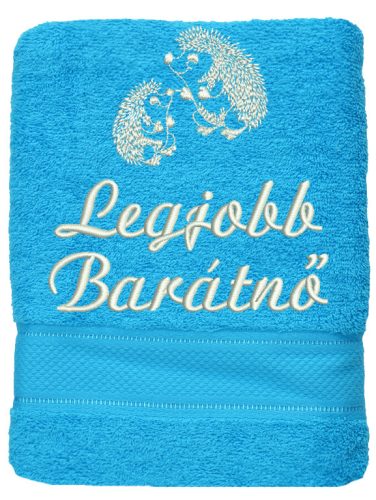„Legjobb barátnő” felirattal + sünikkel hímzett törölköző, türkizkék – hímzett ajándék törölköző barátnőnek