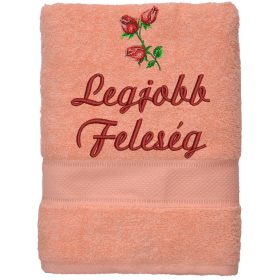 „Legjobb feleség” felirattal + rózsával hímzett törölköző, barack – romantikus hímzett ajándék törölköző feleségnek