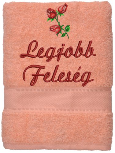 „Legjobb feleség” felirattal + rózsával hímzett törölköző, barack – romantikus hímzett ajándék törölköző feleségnek