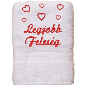 „Legjobb feleség” felirattal + szívekkel hímzett törölköző, fehér – romantikus hímzett ajándék törölköző feleségnek