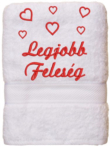„Legjobb feleség” felirattal + szívekkel hímzett törölköző, fehér – romantikus hímzett ajándék törölköző feleségnek