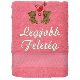„Legjobb feleség” felirattal + macikkal hímzett törölköző, lazac – romantikus hímzett ajándék törölköző feleségnek