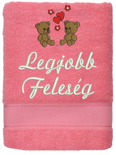 „Legjobb feleség” felirattal + macikkal hímzett törölköző, lazac – romantikus hímzett ajándék törölköző feleségnek