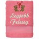 „Legjobb feleség” felirattal + macikkal hímzett törölköző, lazac – romantikus hímzett ajándék törölköző feleségnek