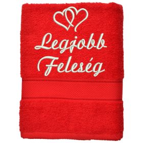 „Legjobb feleség” felirattal + dupla szívvel hímzett törölköző, piros – romantikus hímzett ajándék törölköző feleségnek