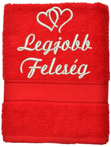 „Legjobb feleség” felirattal + dupla szívvel hímzett törölköző, piros – romantikus hímzett ajándék törölköző feleségnek