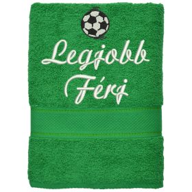 „Legjobb férj” felirattal + focilabdával hímzett törölköző, fűzöld – romantikus hímzett ajándék törölköző férjnek