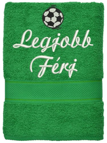 „Legjobb férj” felirattal + focilabdával hímzett törölköző, fűzöld – romantikus hímzett ajándék törölköző férjnek