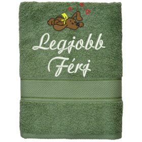 „Legjobb férj” felirattal + hasaló kutyával hímzett törölköző, mohazöld – romantikus hímzett ajándék törölköző férjnek