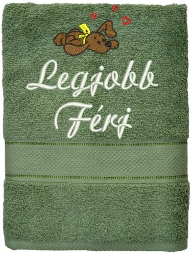 „Legjobb férj” felirattal + hasaló kutyával hímzett törölköző, mohazöld – romantikus hímzett ajándék törölköző férjnek