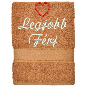 „Legjobb férj” felirattal + szívvel hímzett törölköző, kávébarna – romantikus hímzett ajándék törölköző férjnek