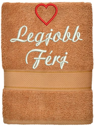 „Legjobb férj” felirattal + szívvel hímzett törölköző, kávébarna – romantikus hímzett ajándék törölköző férjnek