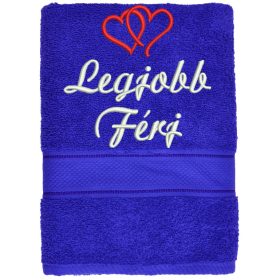 „Legjobb férj” felirattal + dupla szívvel hímzett törölköző, királykék – romantikus hímzett ajándék törölköző férjnek