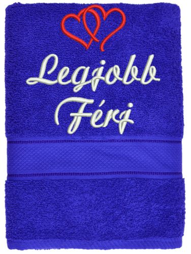 „Legjobb férj” felirattal + dupla szívvel hímzett törölköző, királykék – romantikus hímzett ajándék törölköző férjnek