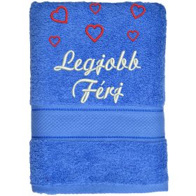 „Legjobb férj” felirattal + szívekkel hímzett törölköző, acélkék – romantikus hímzett ajándék törölköző férjnek