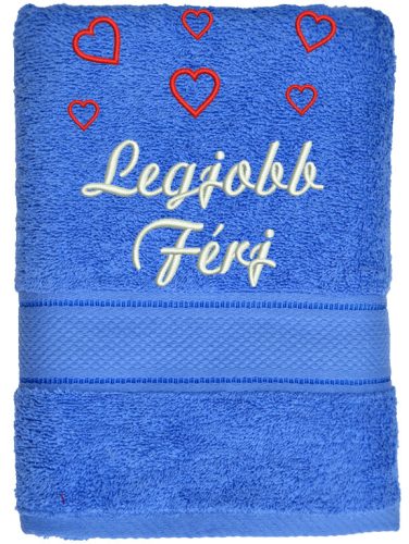 "Legjobb férj" felirattal + szívekkel hímzett törölköző, acélkék