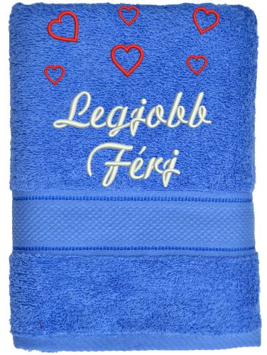„Legjobb férj” felirattal + szívekkel hímzett törölköző, acélkék – romantikus hímzett ajándék törölköző férjnek