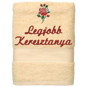 „Legjobb keresztanya” felirattal + rózsával hímzett törölköző, krém – hímzett ajándék törölköző keresztanyának