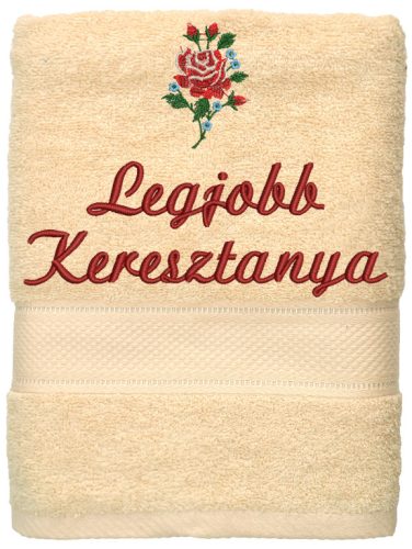 „Legjobb keresztanya” felirattal + rózsával hímzett törölköző, krém – hímzett ajándék törölköző keresztanyának