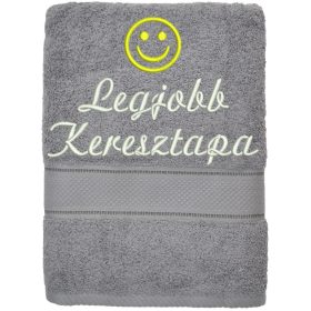 „Legjobb keresztapa” felirattal + smile-val hímzett törölköző, szürke – hímzett ajándék törölköző keresztapának