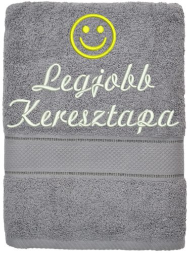 „Legjobb keresztapa” felirattal + smile-val hímzett törölköző, szürke – hímzett ajándék törölköző keresztapának