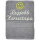 "Legjobb keresztapa" felirattal + smile-val hímzett törölköző, szürke