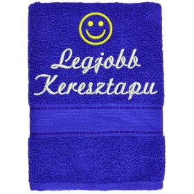„Legjobb keresztapu” felirattal + smile-val hímzett törölköző, királykék – hímzett ajándék törölköző keresztapának