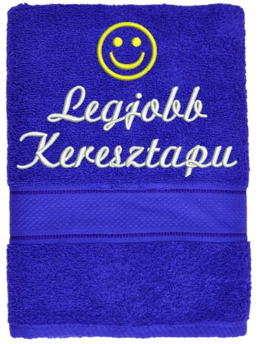 „Legjobb keresztapu” felirattal + smile-val hímzett törölköző, királykék – hímzett ajándék törölköző keresztapának