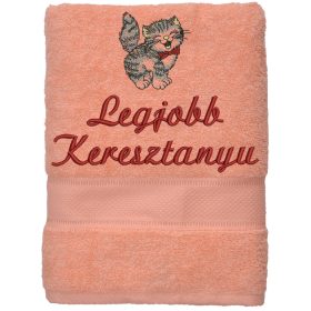„Legjobb keresztanyu” felirattal + cicával hímzett törölköző, barack – hímzett ajándék törölköző keresztanyának