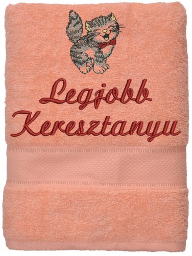 „Legjobb keresztanyu” felirattal + cicával hímzett törölköző, barack – hímzett ajándék törölköző keresztanyának