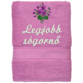 „Legjobb sógornő” felirattal + ibolyával hímzett törölköző, világoslila – hímzett ajándék törölköző sógornőnek