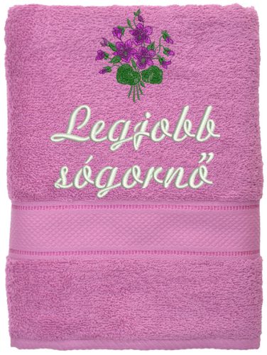 "Legjobb sógornő" felirattal + ibolyával hímzett törölköző, világoslila