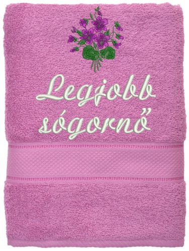 „Legjobb sógornő” felirattal + ibolyával hímzett törölköző, világoslila – hímzett ajándék törölköző sógornőnek