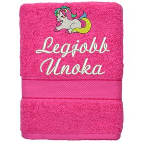„Legjobb unoka” felirattal + unikornissal hímzett törölköző, pink – hímzett ajándék törölköző unokának