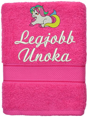 „Legjobb unoka” felirattal + unikornissal hímzett törölköző, pink – hímzett ajándék törölköző unokának