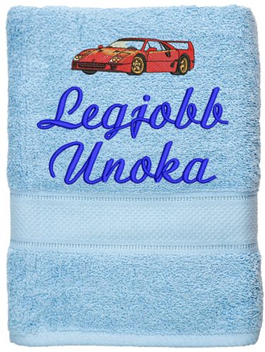 „Legjobb unoka” felirattal + autóval hímzett törölköző, világoskék – hímzett ajándék törölköző unokának