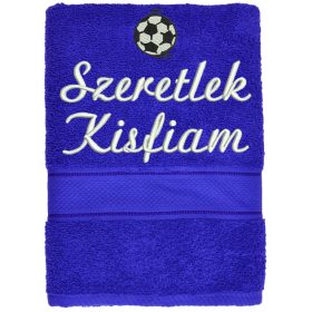 „Szeretlek kisfiam” felirattal + focilabdával hímzett törölköző, királykék – hímzett ajándék törölköző kisfiúnak