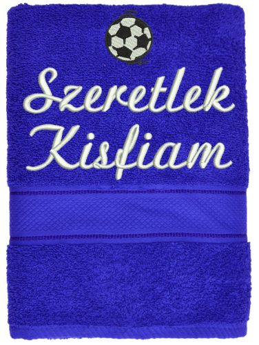 „Szeretlek kisfiam” felirattal + focilabdával hímzett törölköző, királykék – hímzett ajándék törölköző kisfiúnak