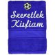 „Szeretlek kisfiam” felirattal + focilabdával hímzett törölköző, királykék – hímzett ajándék törölköző kisfiúnak
