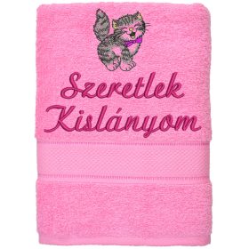 „Szeretlek kislányom” felirattal + cicával hímzett törölköző, rózsaszín – hímzett ajándék törölköző kislánynak