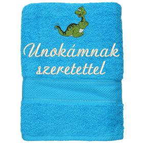 „Unokámnak szeretettel” felirattal + dinóval hímzett törölköző, türkiz – hímzett ajándék törölköző unokának