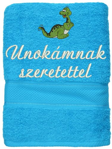 „Unokámnak szeretettel” felirattal + dinóval hímzett törölköző, türkiz – hímzett ajándék törölköző unokának