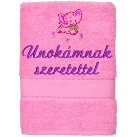 „Unokámnak szeretettel” felirattal + elefánttal hímzett törölköző, rózsaszín – hímzett ajándék törölköző unokának