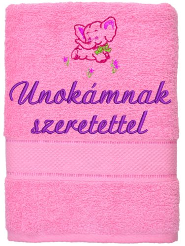 „Unokámnak szeretettel” felirattal + elefánttal hímzett törölköző, rózsaszín – hímzett ajándék törölköző unokának