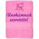 „Unokámnak szeretettel” felirattal + elefánttal hímzett törölköző, rózsaszín – hímzett ajándék törölköző unokának